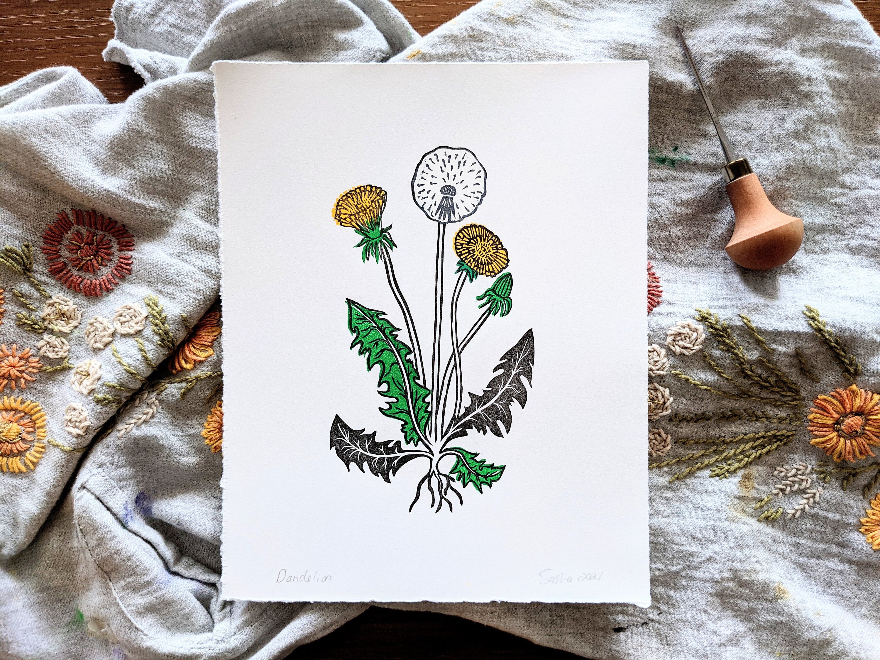Dandelion Linocut Print 8x10 Etsy