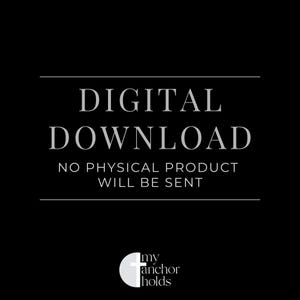 Puede incluir: Fondo negro con las palabras "DESCARGA DIGITAL" en una fuente serif. Debajo, el texto dice "NO SE ENVIAR&Aacute; NING&Uacute;N PRODUCTO F&Iacute;SICO". Un logotipo blanco con una cruz y las palabras "my anchor holds" est&aacute; en la parte inferior.