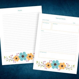 Puede incluir: Dos hojas de papel blancas con dise&ntilde;os florales. Una hoja est&aacute; rayada y etiquetada como "Notas". La otra est&aacute; etiquetada como "Notas del serm&oacute;n" con secciones para "Tema del serm&oacute;n", "Escrituras clave" y "Puntos clave". Los bordes florales incluyen flores azules, naranjas y amarillas.