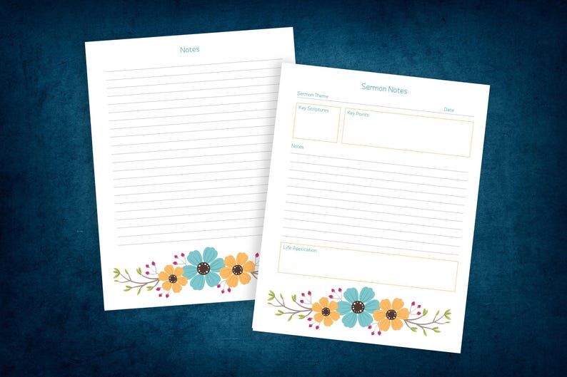 Puede incluir: Dos hojas de papel blancas con dise&ntilde;os florales. Una hoja est&aacute; rayada y etiquetada como "Notas". La otra est&aacute; etiquetada como "Notas del serm&oacute;n" con secciones para "Tema del serm&oacute;n", "Escrituras clave" y "Puntos clave". Los bordes florales incluyen flores azules, naranjas y amarillas.