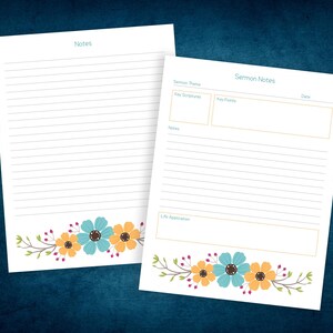 Puede incluir: Dos hojas de papel blancas con dise&ntilde;os florales. Una hoja est&aacute; etiquetada como "Notas" y la otra como "Notas del serm&oacute;n". El dise&ntilde;o floral incluye flores azules, naranjas y marrones con hojas verdes. El fondo es azul oscuro.