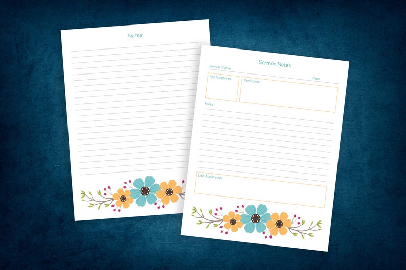 Puede incluir: Dos hojas de papel blancas con dise&ntilde;os florales. Una hoja est&aacute; etiquetada como "Notas" y la otra como "Notas del serm&oacute;n". El dise&ntilde;o floral incluye flores azules, naranjas y marrones con hojas verdes. El fondo es azul oscuro.