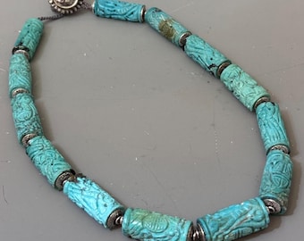 Antique Chinese carved Shou bead natural Turquoise  Necklace | Natural Turquoise, Silver Caps & Old Silver Badge Clasp