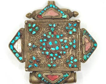 Tibetisches Antikes Silber GAU Amulett mit Türkis und Karneol