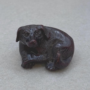 Vintage Japanese Carved Polychrome Dog Toggle | Large Brown Dog Netsuke-Style | 50mm x 40mm