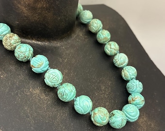 Vintage Chinese Carved Shou Bead Turquoise Necklace with Silver Emblem Clasp