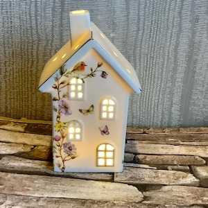 LED ceramic house decoupaged in a Bird and Butterfly print