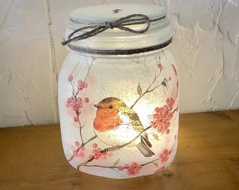 Light up Robin garden bird design handcrafted decoupaged jar