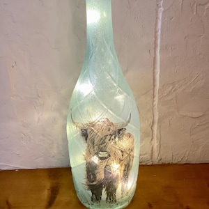 Highland cow cattle design decoupaged light up Bottle, home decor,