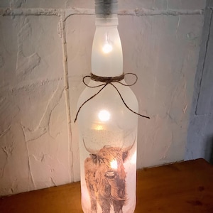 Highland cow cattle design decoupaged light up Bottle, home decor,