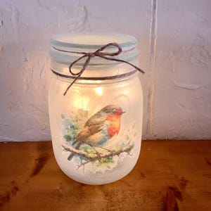 May include: A frosted glass jar with a pale blue lid and a brown twine bow. The jar has a watercolour image of a robin on a branch. The jar is lit from within, creating a warm glow.