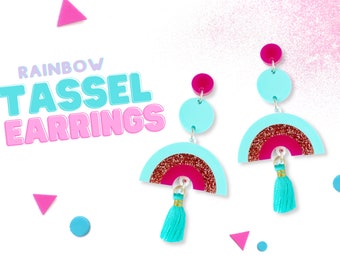 Mint Rainbow Statement Tassel Earrings - Earrings Addict Rainbow Gift - Rainbow Jewellery - Happy Rainbow Brooch