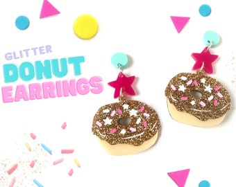 Glitter Donut Earrings, Fun Food Jewellery, Donut Statement Earrings, Acrylic Jewellery, laser cut earrings, Donut lover gift, stocking