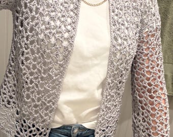 Handmade Crochet Lace Cardigan – Lightweight Boho Mesh Sweater in Soft Grey