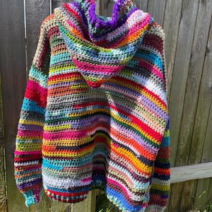 Scrap cardigan with hood and pockets  Patchwork rainbow  cardigan. 7th anniversary gift for her