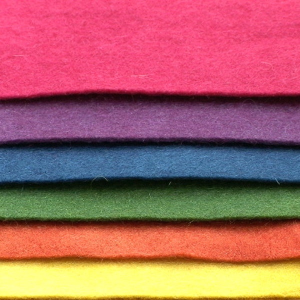 Wollfilz. 100% Bio Wollfilz. Natur pflanzengefärbt. 20x15cm Blatt 6er Pack in 'Intensiven' Farben.