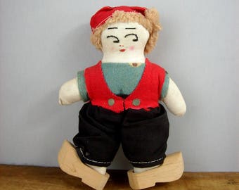 Vintage Dutch Boy Fabric Doll, Handmade Folk Art, Wooden Clogs, 1920s,