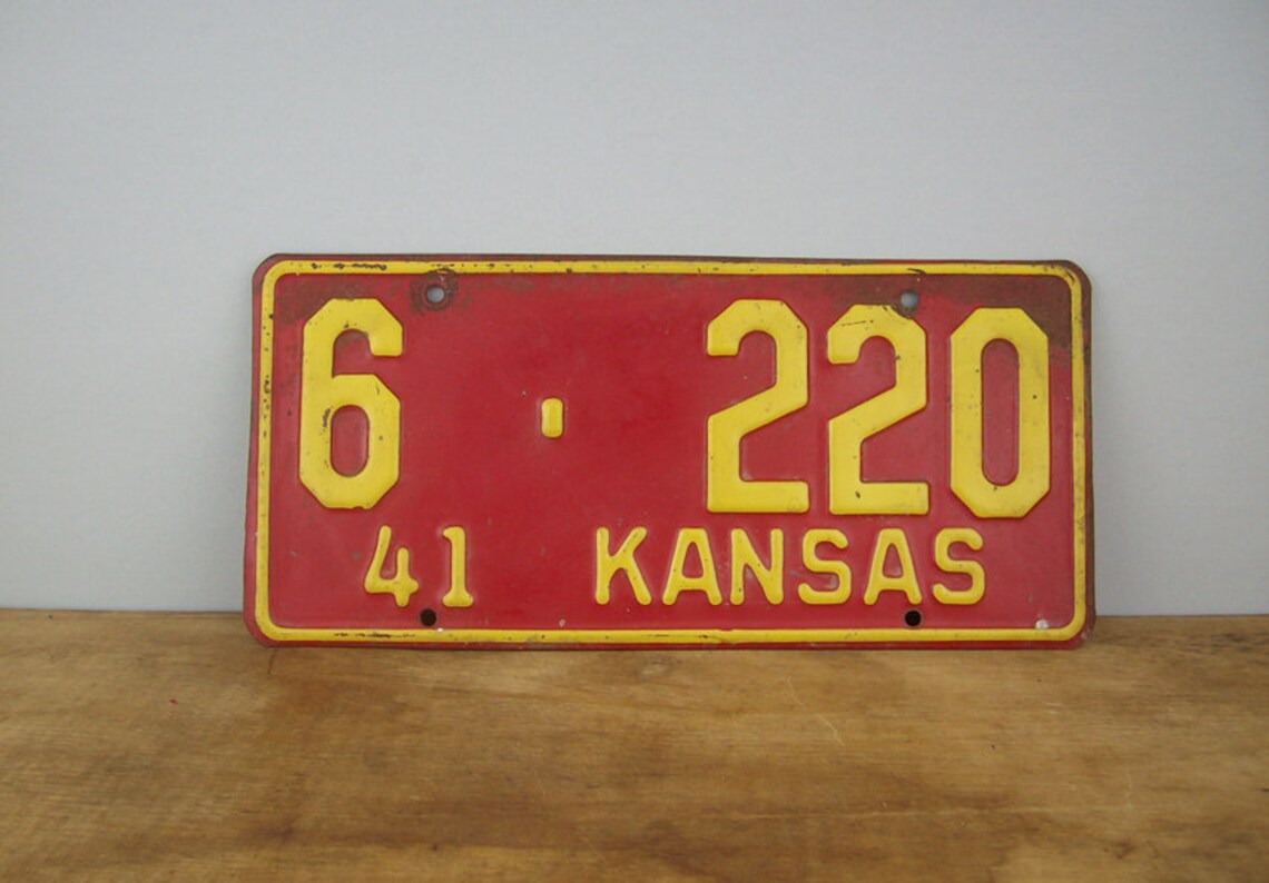 Vintage Kansas 1941 Metal License Plate Red and Yellow KS Etsy