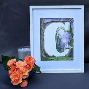 Fairy Moon Watercolor Painting Art Print - Letra C, Inicial C