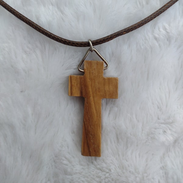 Kid's Jerusalem olive wood cross necklace - unisex - girls - boys - brown suede - necklace with extension - many colors available