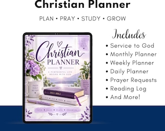 Könnte beinhalten: Ein digitaler christlicher Planer auf einem Tablet-Bildschirm in Lila und Weiß mit einer Bibel, einem Stift und einer Tasse. Der Text lautet Christian Planner, Plan Pray Study Grow und listet Funktionen wie Gottesdienst und Tagesplaner auf.