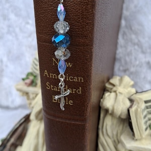 Blue Crystal Beaded Christian Bookmark - Shepherd&#39;s Hook With Cross Charm - Gift For Her