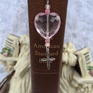 Pink Crystal Beaded Bible Bookmark - Shepherd&#39;s Hook With Cross Charm - Christian Gift For Her