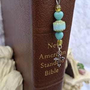 Teal Green Christian Beaded Bookmark - Shepherd&#39;s Hook With Cross Charm - Christian Gift For Her