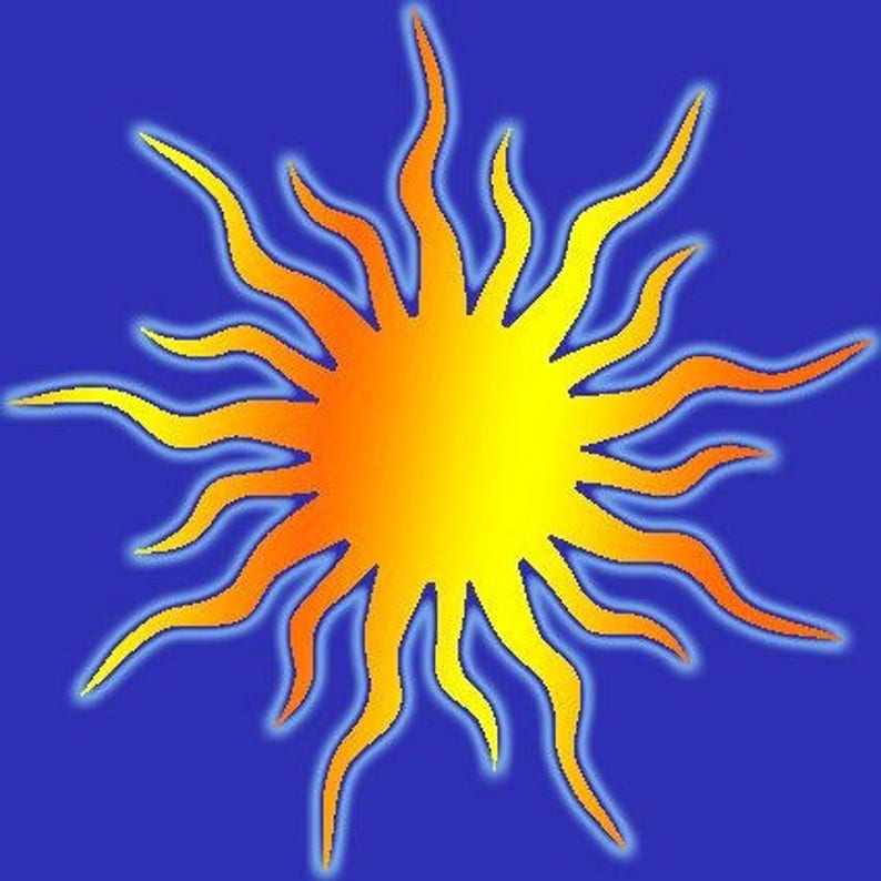 May include: A vibrant sun design featuring a gradient from yellow to orange, set against a deep blue backdrop. The sun's wavy rays are outlined with a light blue glow, creating a striking visual effect. A bright and colourful illustration.