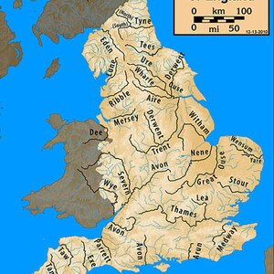 May include: A map of England showing the major rivers. The map is in shades of brown and blue. The rivers are labelled with their names. The map includes a scale in kilometres and miles.