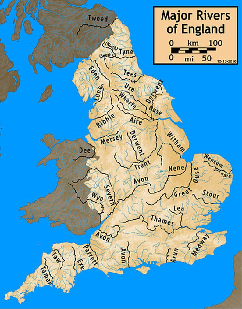 May include: A map of England showing the major rivers. The map is in shades of brown and blue. The rivers are labelled with their names. The map includes a scale in kilometres and miles.