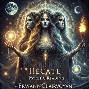 May include: A digital illustration of a three-headed goddess with glowing orbs and a torch. The goddess is wearing a flowing gown and a crown of flowers. The text "HÉCATE PSYCHIC READING by ERWANN CLAIRVOYANT" is at the bottom of the image.