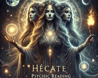 May include: A digital illustration of a three-headed goddess with glowing orbs and a torch. The goddess is wearing a flowing gown and a crown of flowers. The text "HÉCATE PSYCHIC READING by ERWANN CLAIRVOYANT" is at the bottom of the image.