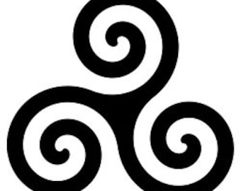 May include: A black and white triple spiral design, a Celtic knot symbol, often associated with the concept of eternity.