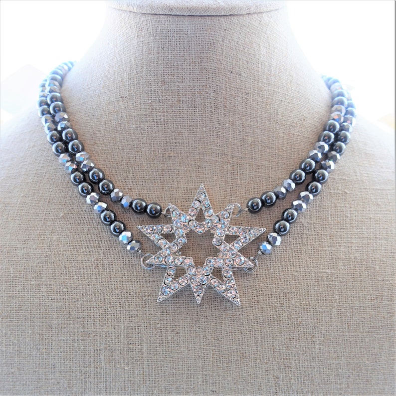 Crystal Star Hematite Stone Necklace Multi Strand Gemstone Etsy