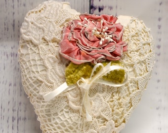 Vintage Heart Ring Bearer Pillow: Handmade Lace, French Silk Rose