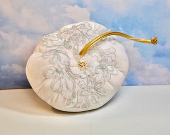 White Silk Velvet Pumpkins: Beaded Appliques & Gold Stem Centerpiece