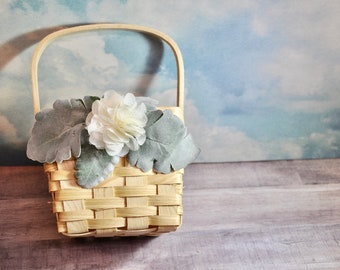 Handmade Vintage Wood Berry Basket with Chiffon Flower