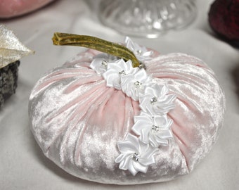 Designer Silk Velvet Pumpkins Decor: Soft Pink Color, White Satin Flowers, Real Stem