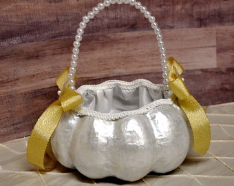 Pearl White Pumpkin Flower Girl Basket: Autumn Wedding Decor