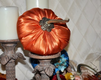 Burnt Orange Satin Pumpkin: Real Stem, Antique Knob - Fall Holiday or Wedding Decor