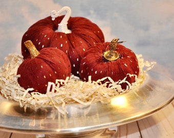 Burgundy Velvet Suede Pumpkins Set: Pierced Fabric Fall Decor Wedding Decor
