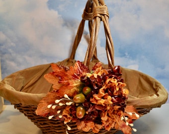 Handmade Fall Basket Centerpiece: Dried Leaves & Shantung Silk