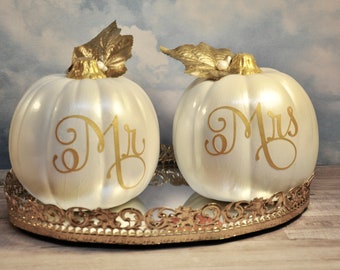 Mr & Mrs Wedding Pumpkin Set: Pearl Finish Gold Gilt Sweetheart Table Decor