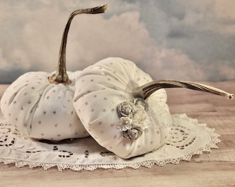 White Satin Pumpkins Sheer Net Silver Glitter Overlay Real Stems Glam Pumpkins Wedding Thanksgiving Home Centerpiece or Decor Elegant