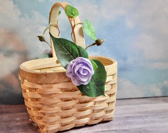 Vintage Handmade Wood Berry Basket: Lavender Floral Embellishment