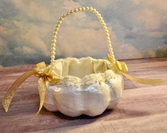 Flower Girl Pumpkin Basket: Ivory Pearl Autumn Wedding Decor Fall Decor