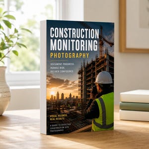 May include: A book titled Construction Monitoring Photography featuring a cover image of a person in a white hard hat and neon yellow safety vest taking photos of a construction site at sunset with a city skyline in the background.