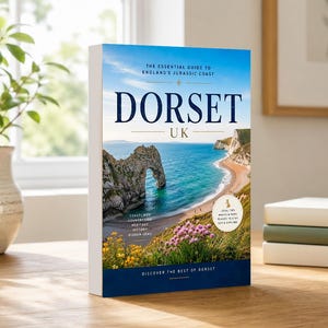 May include: A paperback travel guide book titled Dorset UK, The Essential Guide to England's Jurassic Coast. The cover features a photograph of a coastal landscape with a natural stone arch, blue water, and pink flowers. It includes text about coastlines, history, and local tips.