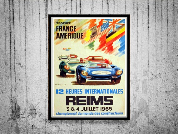 Reims France 12 Hours International 1965 Car Races Vintage Poster Print Art
